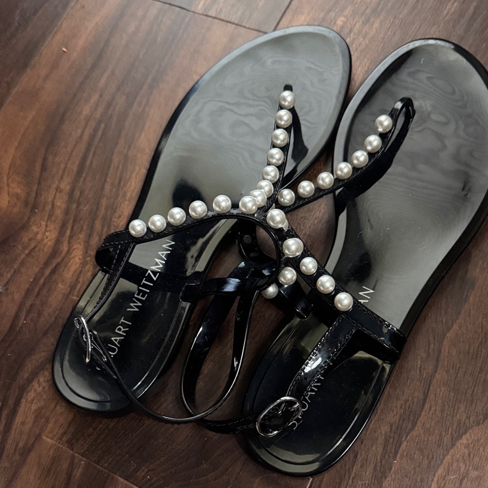 Stuart Weitzman Black Sandals with Pearl Accents Size 11